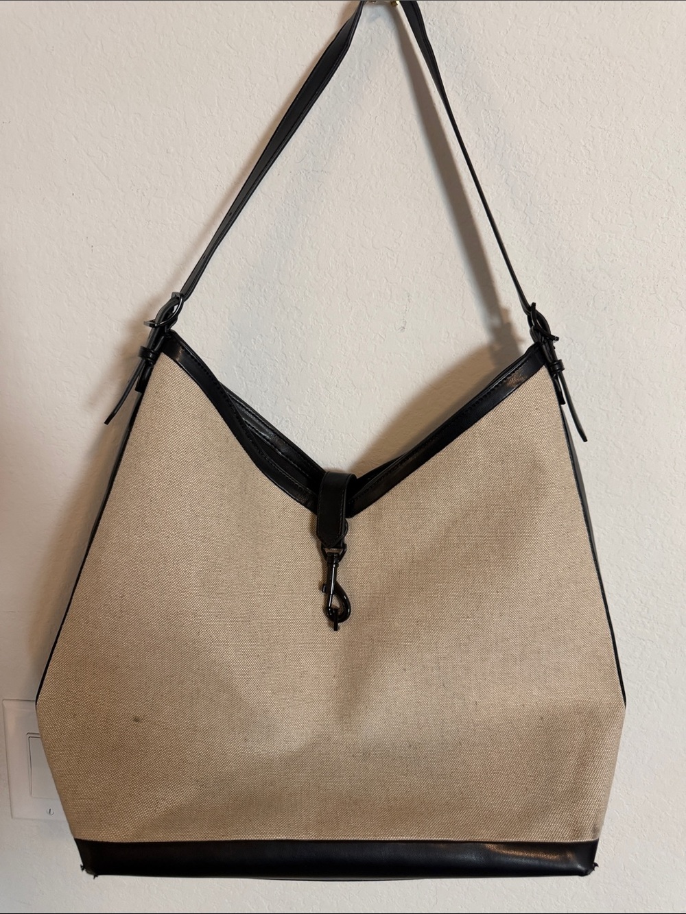 Rebecca Minkoff Beige Canvas Shoulder Bag with Black Trim